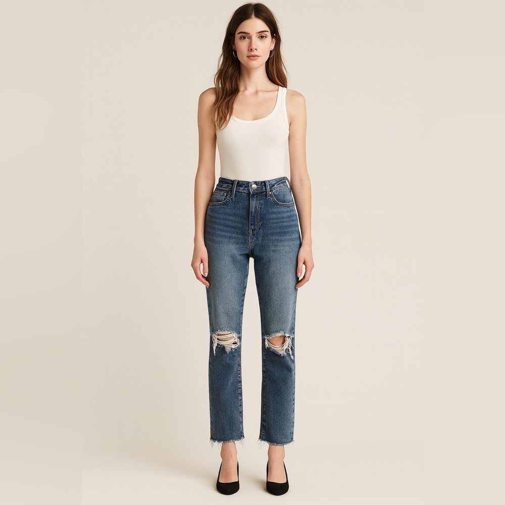 RSQ High Rise Straight Leg Distressed Raw Hem Jeans Size 27
